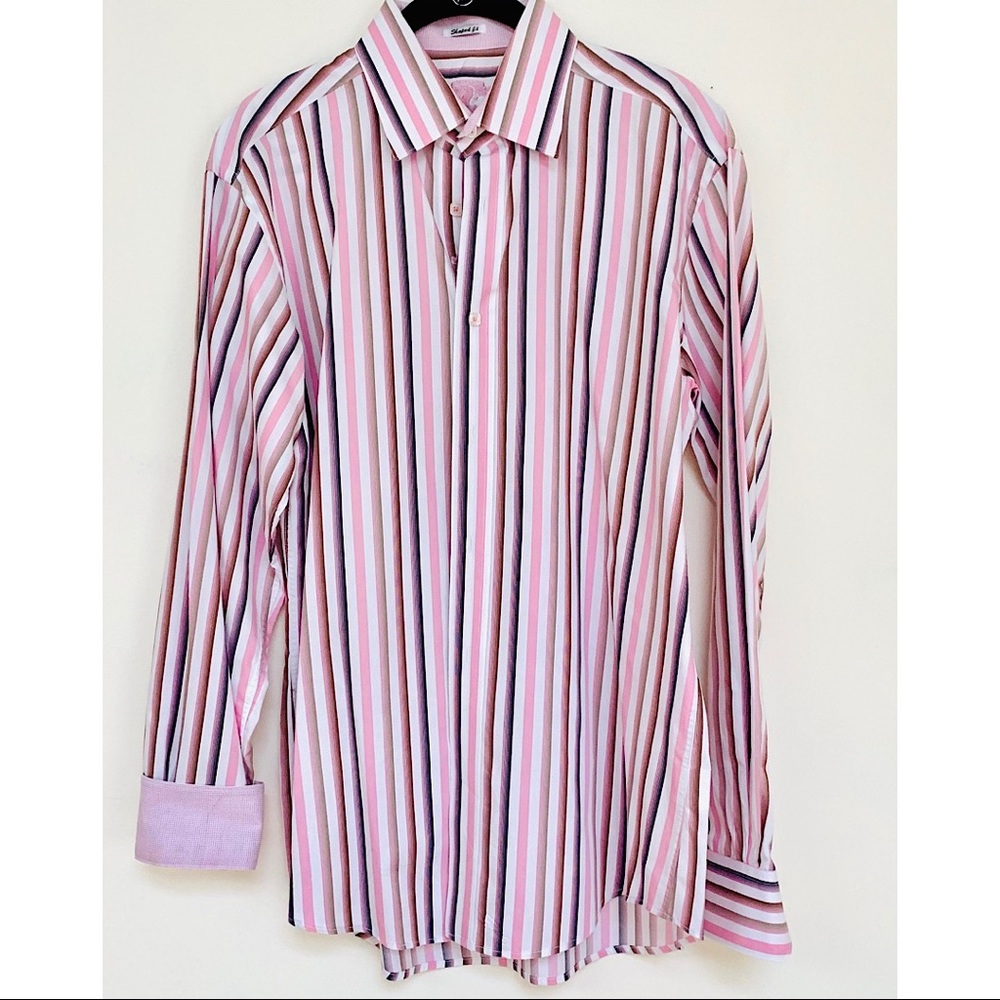 Bugatchi Shaped Fit Striped Flip Cuff Cotton Shirt